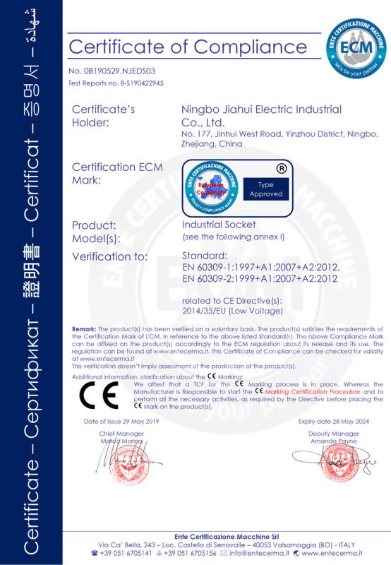 CE - Ningbo Jiahui Electric Industrial Co., Ltd.