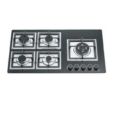 China Hotel 5 Burners Glass Stove With Blue Flame Cast Iron Pan Stand Cooking Hob Kitchen Bob With Safety Feature Gas Cookers for sale