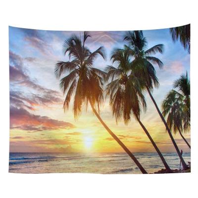 China Traditional landscape beach with trees print wall hangings for bedroom tapestry blanket for sale