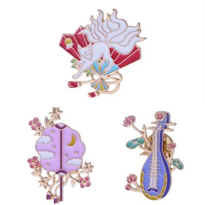 China Cartoon Fashion Little Antique Student Badge Metal Enamel Pipa Leaf Lotus Fan Fox Chinese Style Chinese Style Brooch Bag Soft Decoration for sale