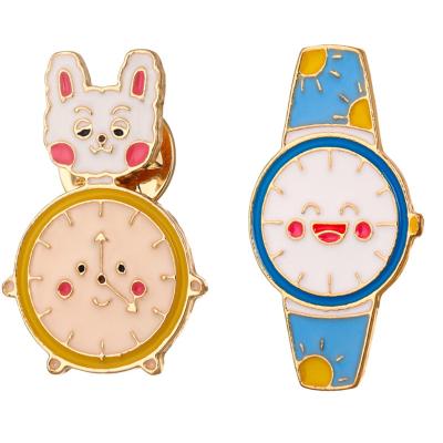 China New Fashion Cartoon Alarm Clock Animal Brooch Alloy Watch Badge Clothing Bag Jewelry Student Gift for sale