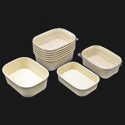 China Recyclable Disposable Food Wrapping Paper Square Paper Salad Bowl Bamboo Kraft Paper Square Bowl With PP Lid for sale