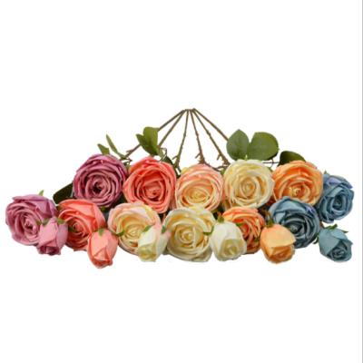 China Wholesale Hot Selling Decorative Flower Rose High Simulation Level Artificial Bouquet 3 Heads For Wedding Home Decoration for sale