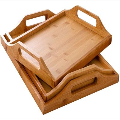 China Eco Friendly Wooden Food Server Tray Rectangular Rustic Custom Wholesale Brown Family Kitchen Hotels Restaurants Wooden Tray for sale