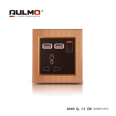 China AULMO MULTIFUNCTIONAL SAFE TAPE 1 SWITCH +3PINS SOCKET +2USB PC FRONT PLATE WITH BRUSHED ALUMINUM FRAME GOOD QUALITY for sale