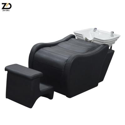 China Modern hot sale beauty salon shampoo bed hair salon recline with sink shampoo chair with ceramic bowl black/white washbasin for sale