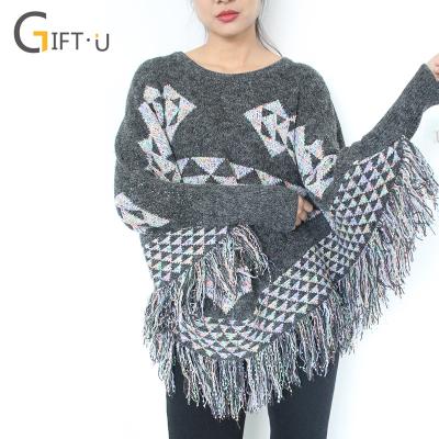 China Giftu 86047# Outwear Women's Anti-pilling Autumn Tassel Knit Poncho Sweater for sale