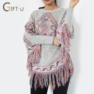 China Anti-pilling Women's Autumn Batwing Sleeve Pullover Knit Poncho Sweater by Giftu 86048# for sale