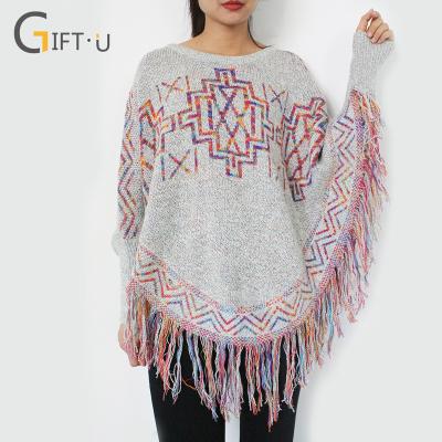 China Anti-pilling Madame Autumn Batwing Sleeve Pullover Knitted Poncho Sweater by Giftu 86049# for sale