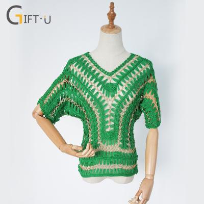 China Giftu 86017# Anti-pilling Women Hollow Out Sweater Handmade V-Neck Knitting Sweaters for sale