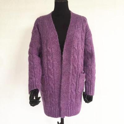 China 2019 Winter Women Long Cardigan Knitted Wool Sweater Anti-Shrink Sweater Cardigan Purple With Pocket for sale