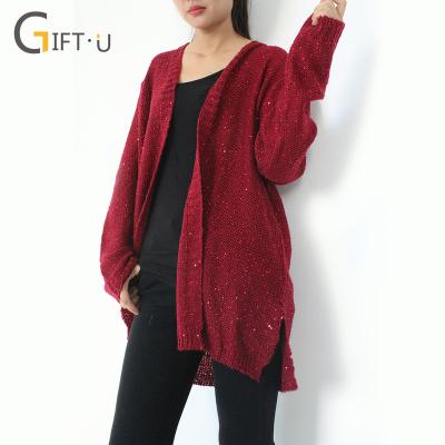 China Giftu 86066# 2018 Anti-shrink Woman Red Loose Knit Cardigan Sweater With Sequins for sale