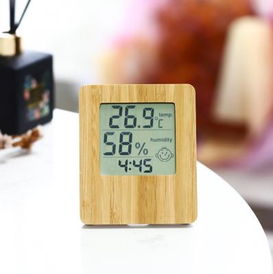 China Indoor Temperature Humidity Monitor Bamboo Digital Temperature Hygrometer Indoor Thermometer with Alarm Clock for sale