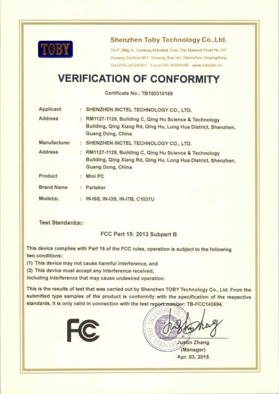 FCC Certificate - Shenzhen Inctel Technology  Co., Ltd.