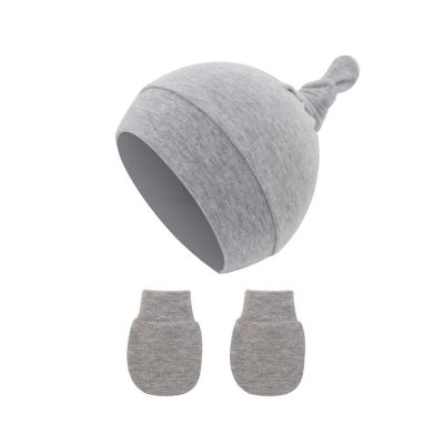 China Wholesale European and American Style 30 Colors in Beanie Solid Newborn Hat Knotted Running Hats Cotton Baby Hospital Hat Newborn Hood with Glove Socks for sale