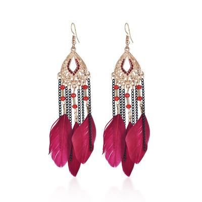 China Holiday temperament pearl chain tassel crystal earrings ethnic Bohemian handmade feather long style for sale