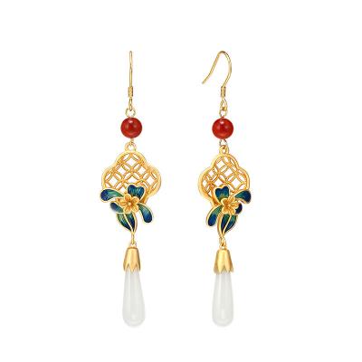 China Hetian ethnic S925 silver and jade earrings in traditional Chinese imperial style for sale