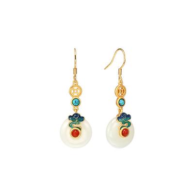 China S925 Sterling Silver Inlaid Hetian Jade Jade Earrings Chinese Retro Style Romantic White Women's Earrings for sale