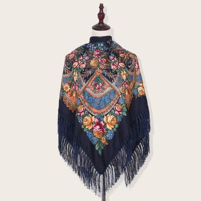 China Russian floral rayon cotton tassel scarves shawls fashion printed cotton square scarf for women travel sun protection for sale