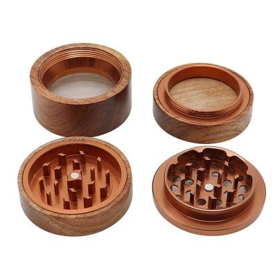 China Wood + Aluminum Alloy Smoke Grinder Flat Smoke Grinder 40/50/55/63mm Zinc Alloy Metal Four-Layer Smoke Grinder for sale