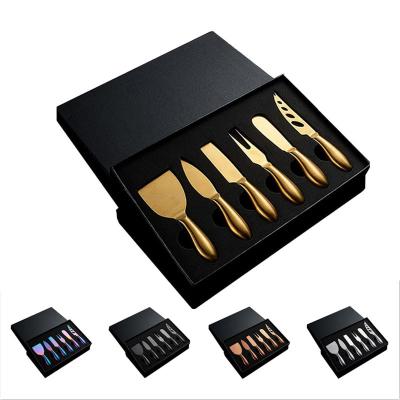 China 6 Pcs Viable Bulk Gold Stainless Steel Mini Cutter Cheese Knives Set Black Cheese Knife Set With Gift Box for sale