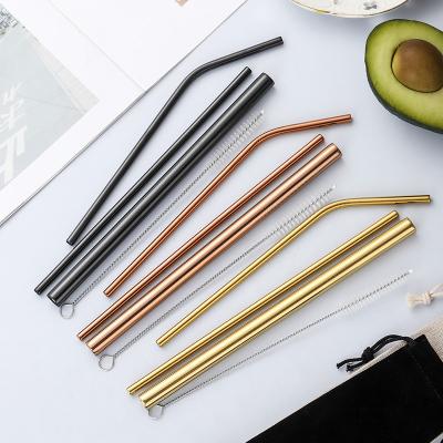 China Eco-friendly 304 stainless steel reusable straight bend boba metal straws set with cleaner brush in pocket for sale