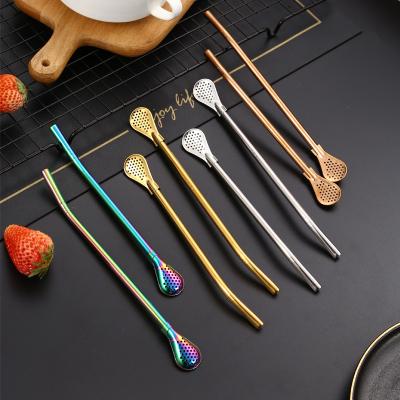 China Viable Reusable 304 Stainless Steel Flower Tea Filter Straw Spoon Coffee Stirring Spoon Metal Mate Detachable Tea Spoon for sale