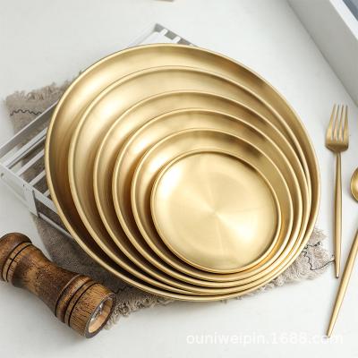 China Sustainable Tableware Round Metal Dinner Fruit Dishes Set Stainless Steel Dishes Gold Food Serving Tray for sale