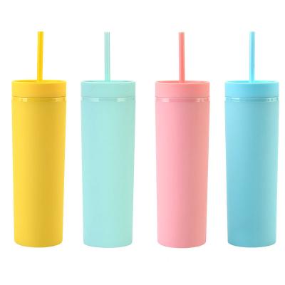 China Durable Frosted Rubber Plastic Painted Straight Lean Tumbler 16oz Sports Water Cup Tumbler With Straws for sale