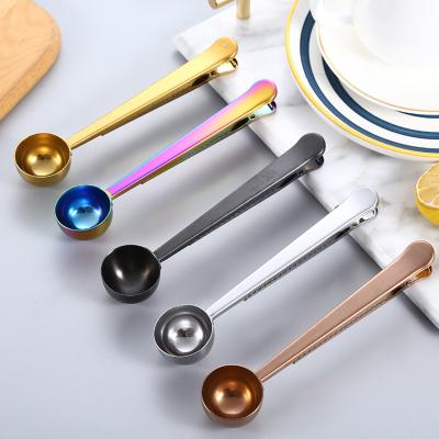 China Custom Metal Gold Clip Spoon Stainless Steel Color Logo Coffee Stocked Copper Scoop With Bag Sealing Clip for sale