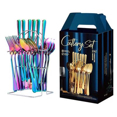 China Amazon Hot Colorful Flatware Viable 24 Piece Set Shelf Gift Box Knife Fork Spoon Western Rainbow Stainless Steel Cutlery Sets for sale