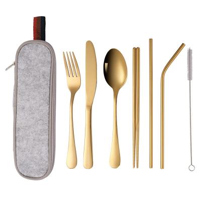 China Sustainable Eco-metal Travel Golden Cutlery Set With Straw Reusable Flatware Portable With Bag for sale