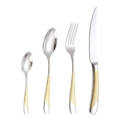 China 18/8 Sustainable Western SS Tableware Thickened 4 Piece Steak Knife Dinner Fork Tea Spoon Set Retro Gold Thin Cutlery for sale