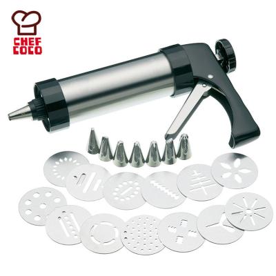 China Sustainable Stainless Steel Cookie Press Gun Set Cookie Press Tools With 13pcs Cookie Disc Shapes 7pcs Icing Tips Cookie Maker for sale