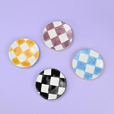 China European Vintage Wedding Grid Chess Board Design Dish Ring Earrings Decorative Handmade Painted Necklace Organizer Ceramic Jewelry TR for sale