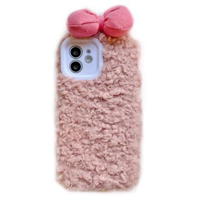 China 2021 Anti-fall Pink Luxury Bowknot Cartoon Cover Cute Warm Fuzzy Soft Furry Winter Case For iPhone 13 pro max for sale