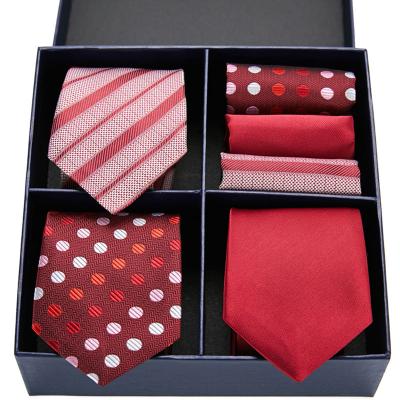 China Fashion casual formal luxury tie set red silk tie 3types striped solid dot tie for wedding party with gife box for sale