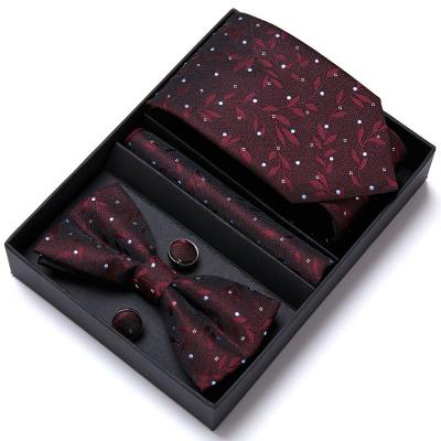 China Fishion Casual Formal Gift Box Red Floral Tie For Men's Silk Bowtie Luxury Necktie Hanky ​​Cufflinks Formal Dress Men's Set for sale