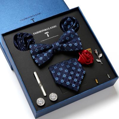 China Fishion Casual Formal Tie Set For Men Silk Butterfly Tie Handkerchief Cufflinks Tie Clips And Lapel Pin Set for sale