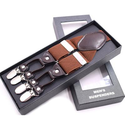 China Polyester + Leather + Custom Classic Adjustable Metal Y Back Men's Elastic Suspender With Strong Double Teeth Clasps for sale