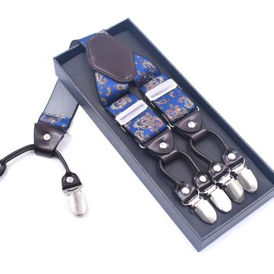 China Polyester + Leather + Popular Metal Adjustable Elastic 6clips Men's Stripe Belt Suspenders for sale