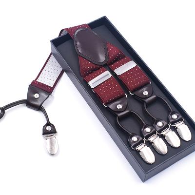 China Polyester + Leather + Bow Tie And Metal Pocket Square Y Shape Six Clips Adjustable Suspenders For Men for sale