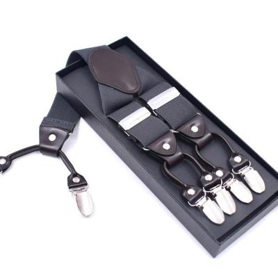 China Polyester + Leather + Metal Gift Box Suspender Men's Miti-color 6 Clip Leather Suspenders for sale