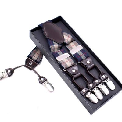 China Polyester+Leather+Metal Fashion Suspenders For Men 6 Sections Elastic Braces Suspenders Casual Leather Men Pants To Tie Suspenders for sale