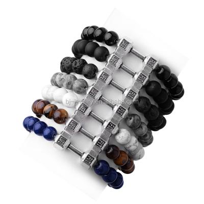 China Trendy Black Lava Rock Stone Fashion Dumbbell Natural Stone Bracelet Beads Men's Bracelet for sale