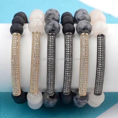 China Trendy Black Natural Stone Beads Silver Zircon Tube Bar Charm Stretch Men Women Men Bracelet for sale