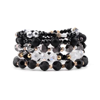 China BOJIU Trendy 5 Pcs/Set Trendy Multilayer Natural Stone Crystal Bracelets Black Onyx Agates Faceted Gray White Crystal Bracelet BCSET213 for sale