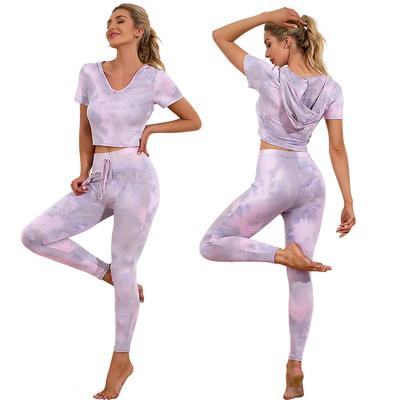 China Breathable Dye Tying Tight Moisture Absorption Sweat Cotton Shorts Sleeve Yoga Suit Temperament Hip Lift Up Comfortable Sports Hooded Yoga Suit for sale