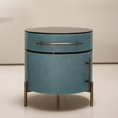 China Contemporary Blue Leather Black Glass Mirrored Bedside Table Modern Nightstands For Bedroom for sale