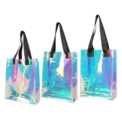 China Recycled Materials Custom Resealable Holographic Packaging Bags PVC Holographic Gift Shopping Bag With Handle Custom Logo for sale